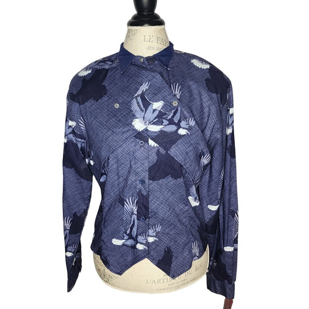 Vintage Roper Sport Western Shirt Women M Blue Eagle Graphic Long Sl Junior 15